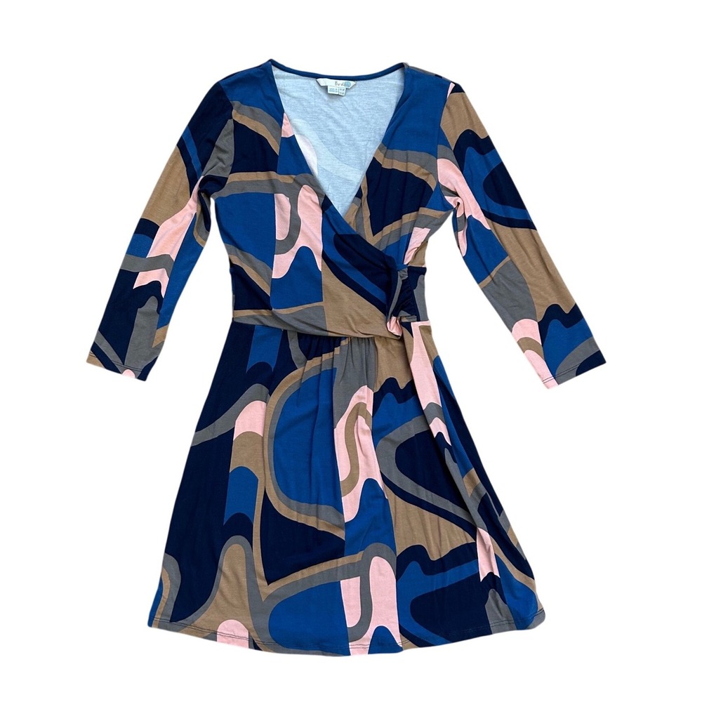 Boden Abstract Swirl Print Jersey Wrap Dress Navy Blue Pink Tan 4 Petite